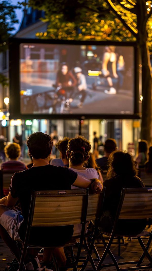 personen drausen vor einer leinwand
