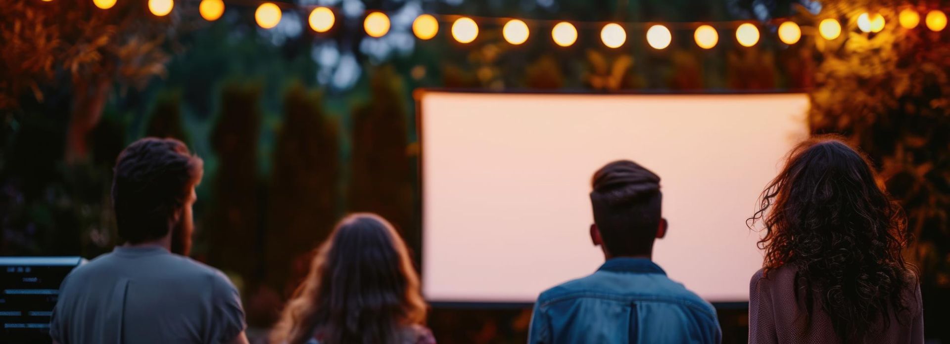 personen drausen vor einer leinwand